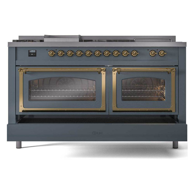 ILVE Nostalgie II Noblesse 60 po à 2 brûleurs, plaque chauffante, plaque de cuisson française, Gris-bleu / laiton