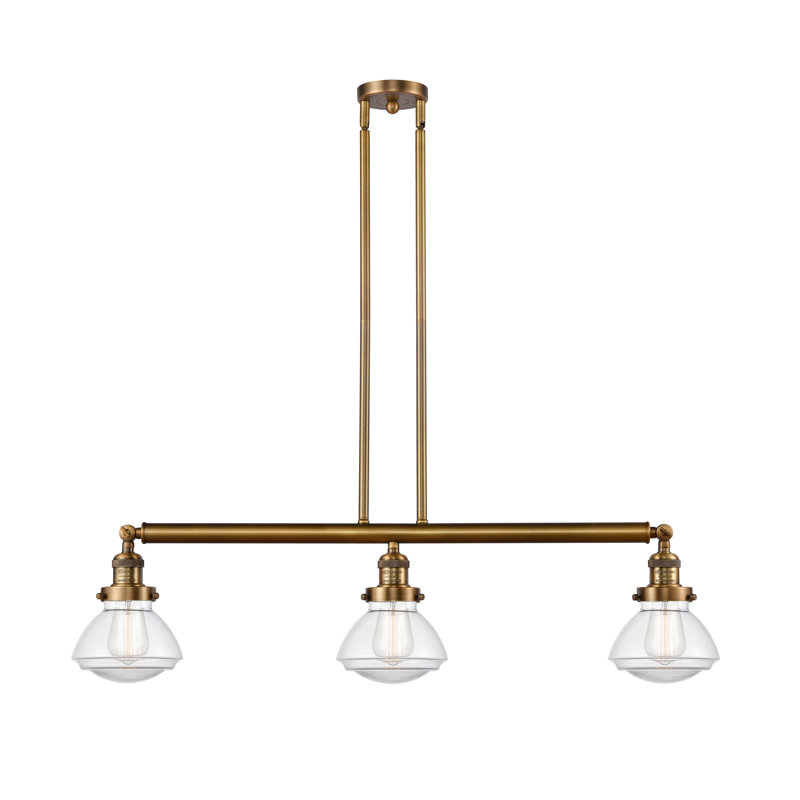 Luminaire suspendu linéaire à 3 lumières pour îlot de cuisine Lemos, DEL, Transparent, Laiton brossé