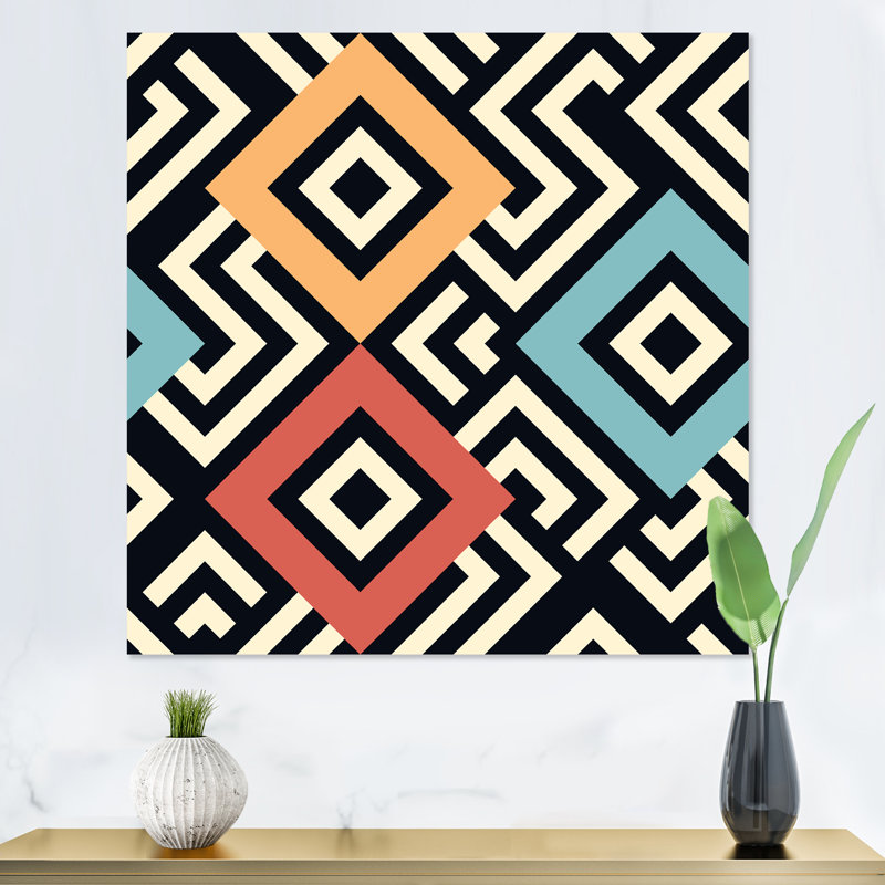 " Geometric Meandering Squares, Blue Red, Orange I ", 16" H x 16" W, Wrapped Canvas