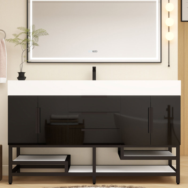 Meuble-lavabo sur pied simple 60 po Jessica, Noir brillant