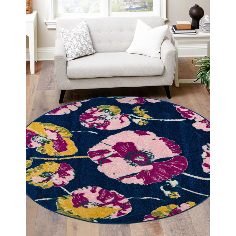 Tapis floral bleu marine / rose / jaune Bloom, Rond 6 pi