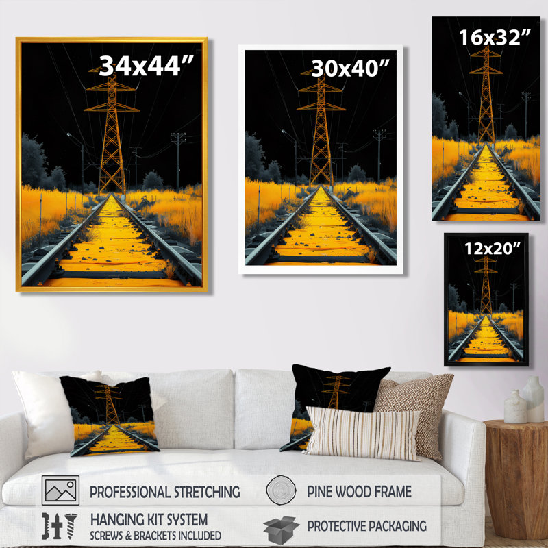 Lignes électriques jaunes et noires - Lignes électriques, H 12 po x l 20 po, Cadre simple noir