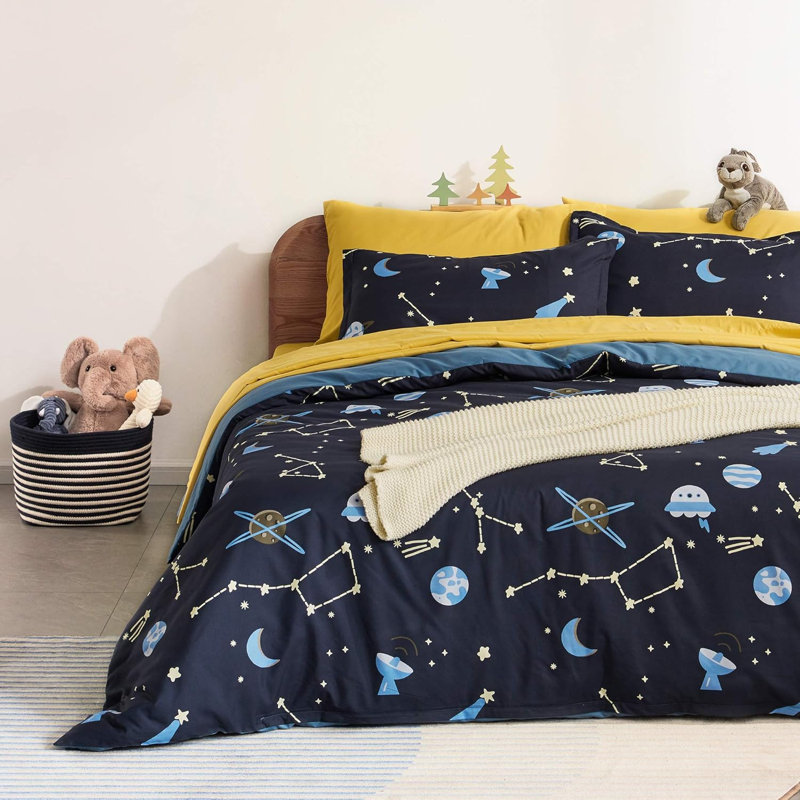  Space Rocket Reversible Duvet Cover Set, Twin/Twin XL, Blue Galaxy
