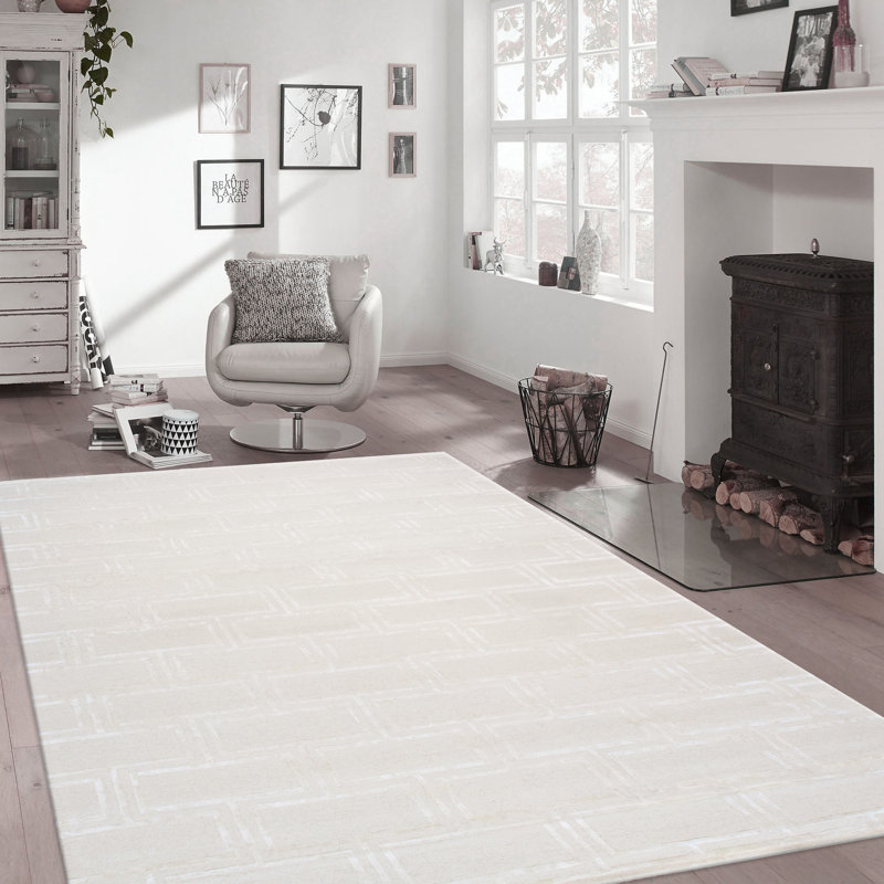 Tapis ivoire en soie et laine touffetés à la main, Rectangle 8 pi 9 po x 11 pi 9 po