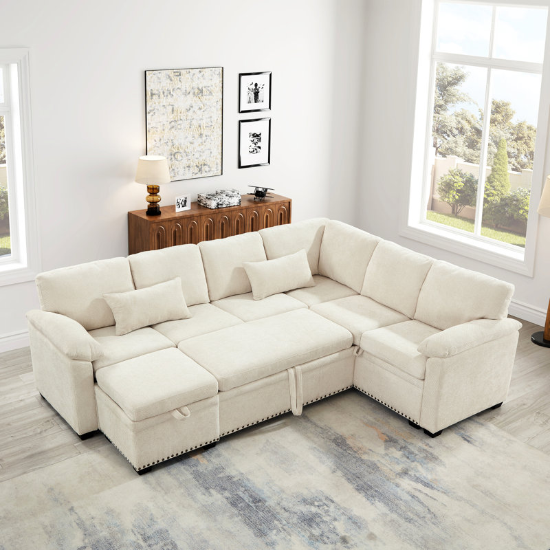 Canapé d'angle modulaire en L 97 po avec siège et repose-pieds de rangement en L 97 po, canapé d'angle en chenille avec 7 sièges et 2 coussins pour le salon