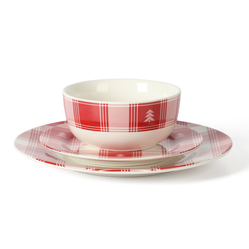 Ensemble de vaisselle en grès rouge et blanc à motif écossais 12 pièces Martha Stewart