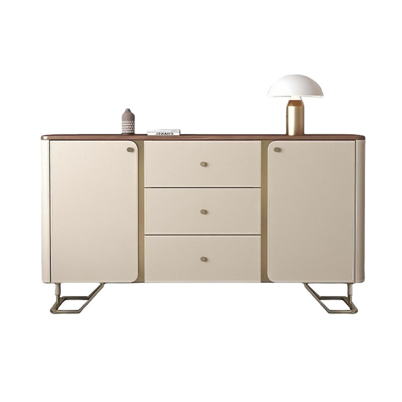 Buffet moderne en cuir avec rangement, Noyer / beige abricot / or
