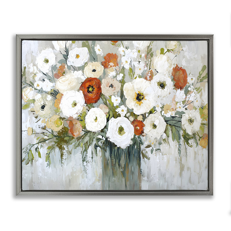 Ivory & Ruby Bouquet Floating Frame, design by Franklyn Gregory, Luster Gray Floater Frame, 25" H x 31" W