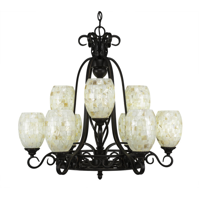 Lustre 9 lumières Pierro Eleganté illustré en finition granit foncé avec verre coquillage de 5 po, Glacis ivoire
