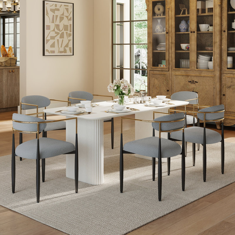 Rectangular Dining Table for 4-6 People, White, 7 Pieces: Table, 6 Chairs, Gray