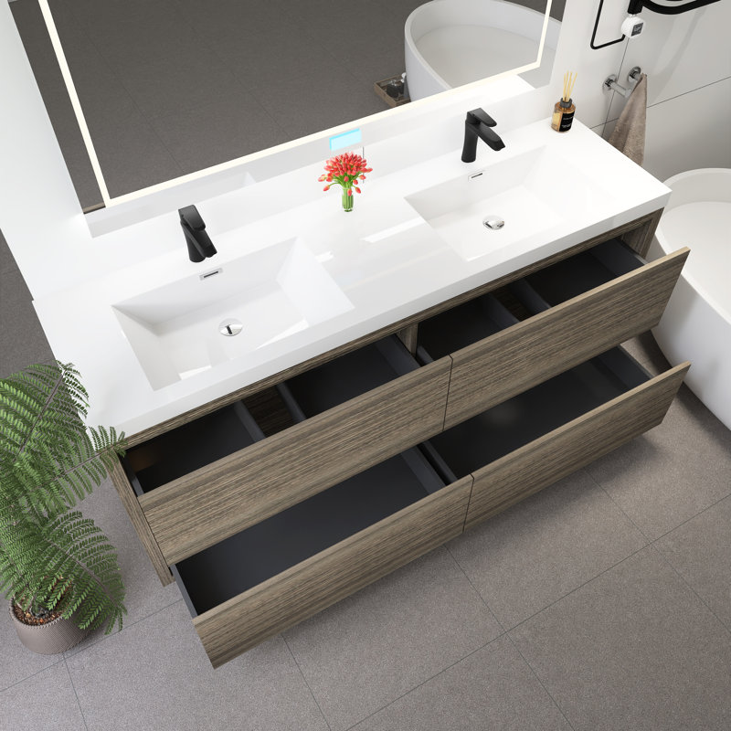 Meuble-lavabo autoportant 72 po avec lavabo 72 po, Bois de frêne gris