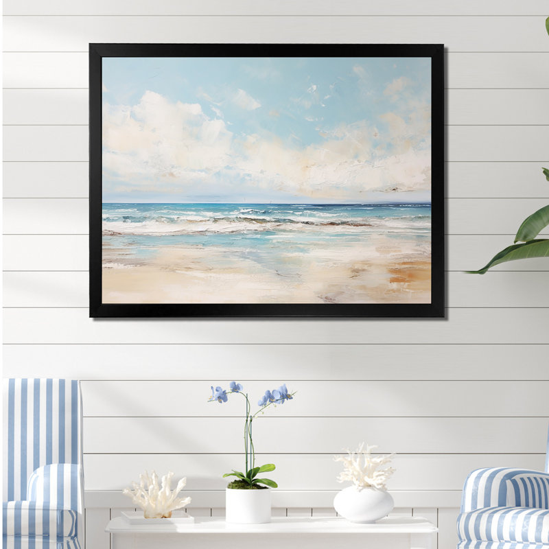 «Beige and Blue Beach Minimal Horizon», art mural plage côtière, H 34 po x l 44 po x P 1,5 po, Cadre noir