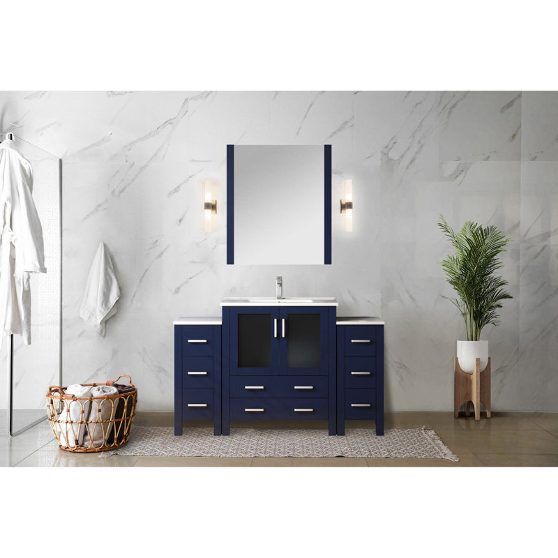 54 po Meuble-lavabo W bleu marine avec armoires latérales, comptoir en céramique blanche, robinet et miroir 28 po, comptoir Scratch, simple en acier inoxydable