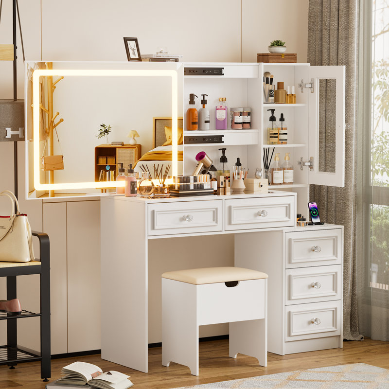 Meuble-lavabo de 44 po avec miroir coulissant éclairé, plateau de table en verre, 5 tiroirs, armoire et tabouret