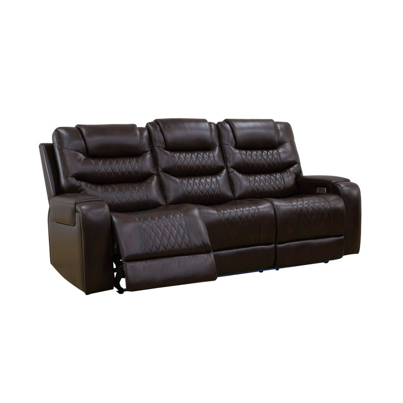 Roylene 85.5'' Power Faux Leather Reclining Sofa with LED and Built-in USB Ports