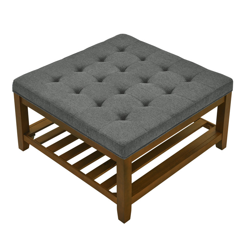 Upholstered  34.25"Square Coffee Table with Beech Wood Shelf and Frame, Dark Gray