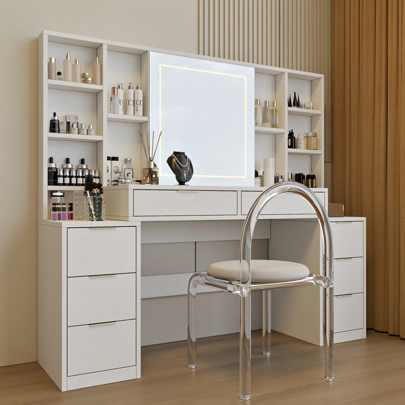 Meuble-lavabo de 54 po avec bande à DEL tricolore, 8 tiroirs et tablettes de rangement ouvertes, coiffeuse réglable pour femmes avec luminaire blanc, bois d'ingénierie E1, bureau en métal rouillé, miroir, table, tiroirs,