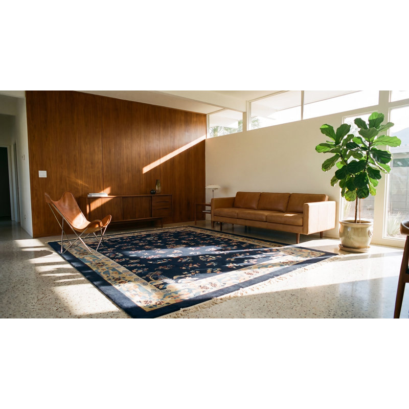 Hand Knotted Pile Blue Rectangle Antique 1920s Wool Rug