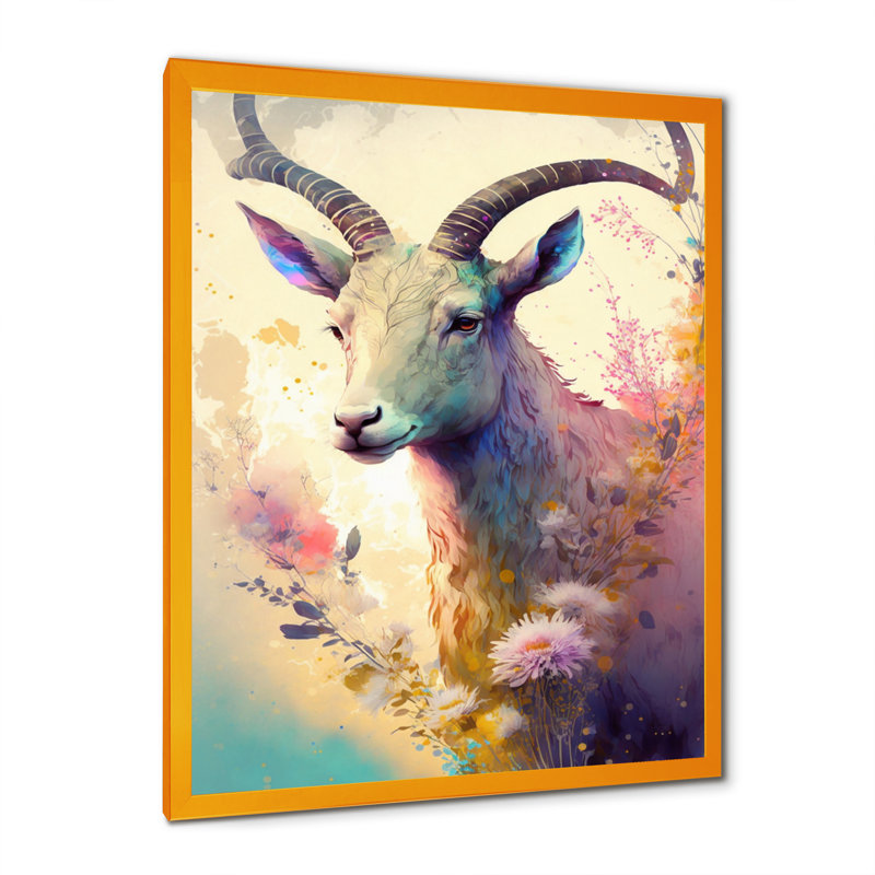 «Cute Goat Floral III», reproduction sur toile, L 24 po x H 32 po, Cadre photo doré