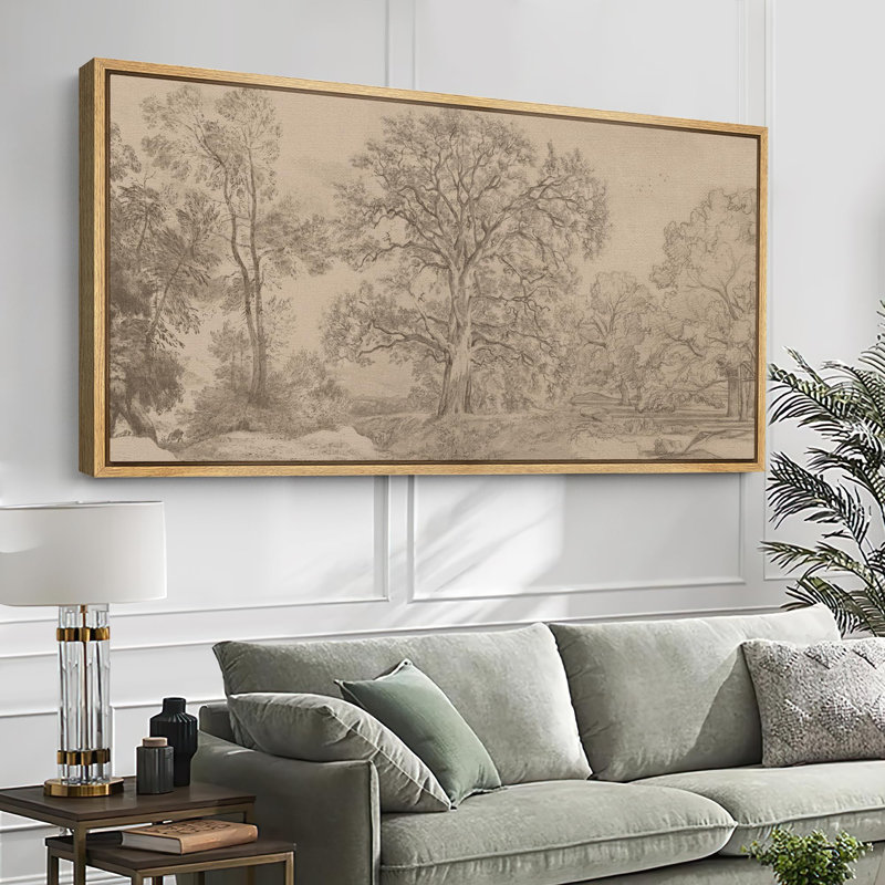 Rustic Countryside Vintage Landscape Sketch Tree and Landscape Pattern Modern Art Extra Large Artwork Print Wall Art, Natural