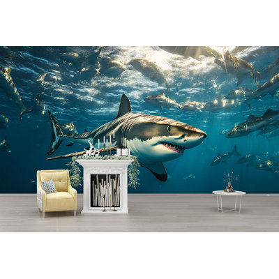 Shark Underwater Adventure Wallpaper – Dynamic And Realistic Ocean Scene, Group Of Sharks In Deep Sea, Captivating Marine Life Décor For Walls