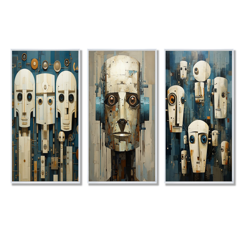 L'art de la robotique - ensemble de 3 impressions sur toile robot, Cadre flottant blanc, H 40 po x l 60 po