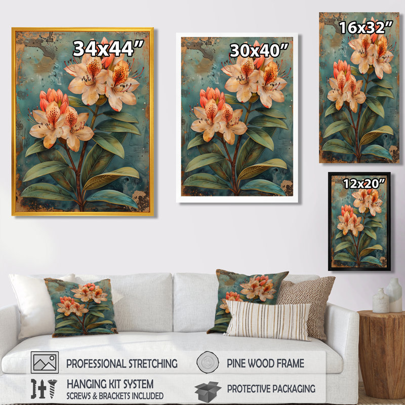 Collage de rhododendrons orange et vert - impression d'art mural rhododendron, Toile tendue, H 12 po x l 20 po