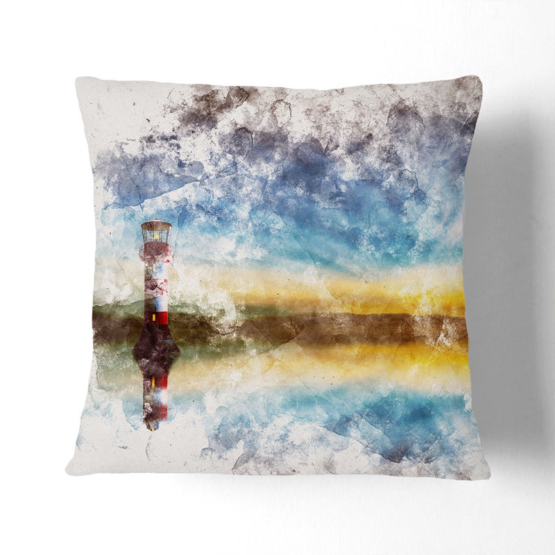 Lighthouse and Seascape During Sunset Watercolour Cushion with Filling, 40cm H x 40cm W x 15cm D, White