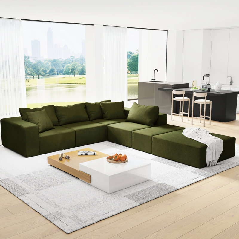 Canapé de salon en forme de L - 132 po, chenille, 6 coussins, rembourrage en mousse, sans assemblage, lit modulaire de 132 po pour le revêtement de chambre en chenille, assemblage