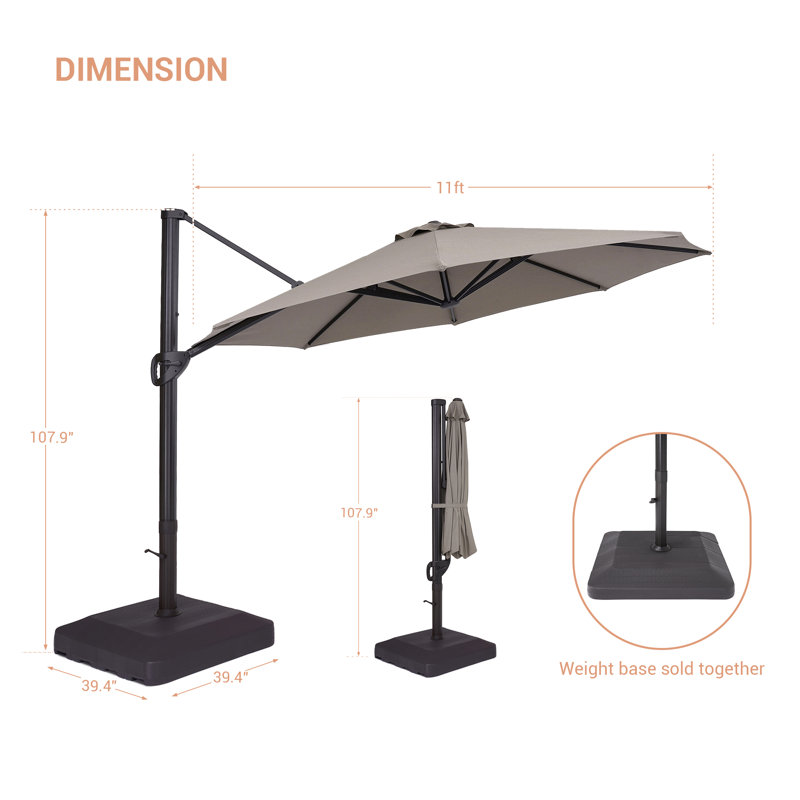 Parasol en porte-à-faux 11 pi avec base Marlon, Gris clair