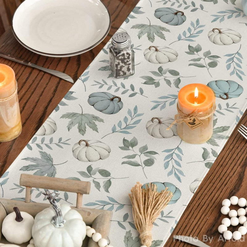 Chemin de table, décoration de table de salle à manger pour la maison, L 13 po x L 48 po, Bleu, citrouilles