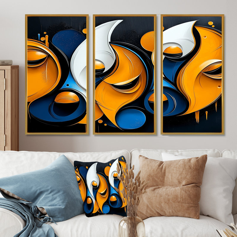 «White Noise of Geometric Face», ensemble d'art mural abstrait fractal, 28" H x 36" W, Reproduction avec cadre flottant, Gold