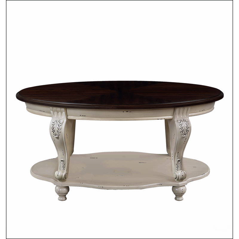 42'' oval wood coffee table for Living Room, 2-Tier Solid Wood Cocktail Table with Open Storage, Brown, Antique White