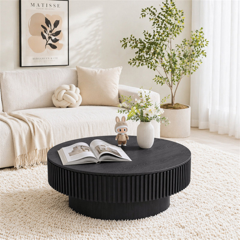 Table basse 31,5 "ronde avec rangement Table d'appoint moderne en placage de bois massif, Noir