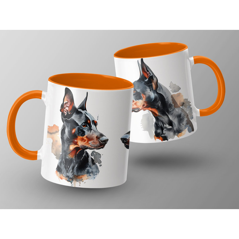 11oz Watercolour Doberman Design Coffee Mug, Orange, 4