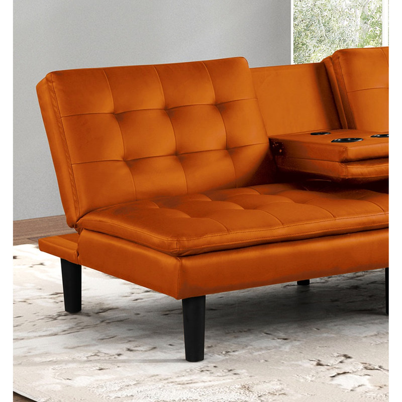 Futon lit orange contemporain avec biscuit - siège et dossier, hublots, table à langer rabattable, l 71,5 po x P 35,5 po H 32 po capitonné sur le siège