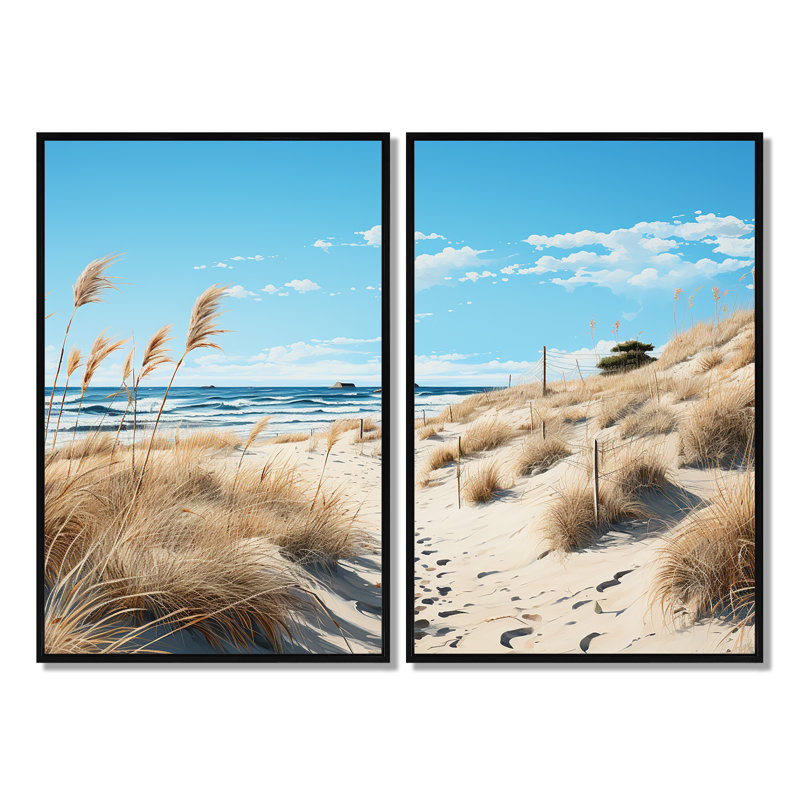 Photo plage herbe II - impressions sur toile bleues 2 panneaux, Floater Framed Print, Black, 36" H x 48" W