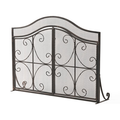 Iron Fire Screen With Ornamental Details, Hinged Access, 32.59" H X 43.25" W Modern Fireplace Accessory, Iron, Fine Mesh, W,