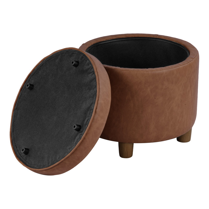  Round Storage Ottoman - Chestnut Brown Faux Leather, Brown, Brown