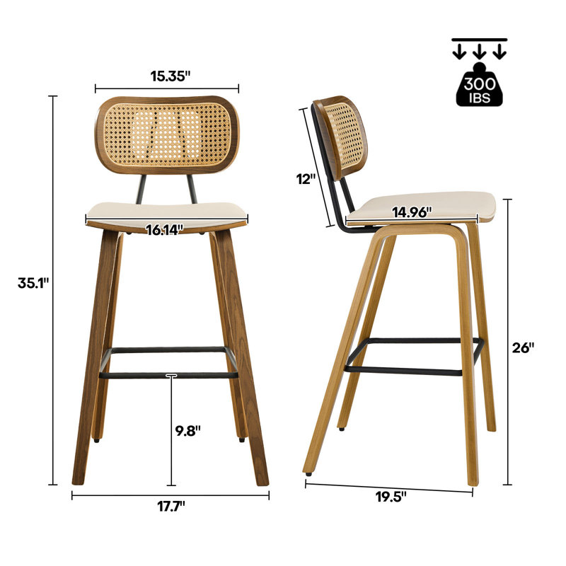 Upholstered Rattan Counter & Bar Stool, 2, Counter Stool (26"" Seat Height), White