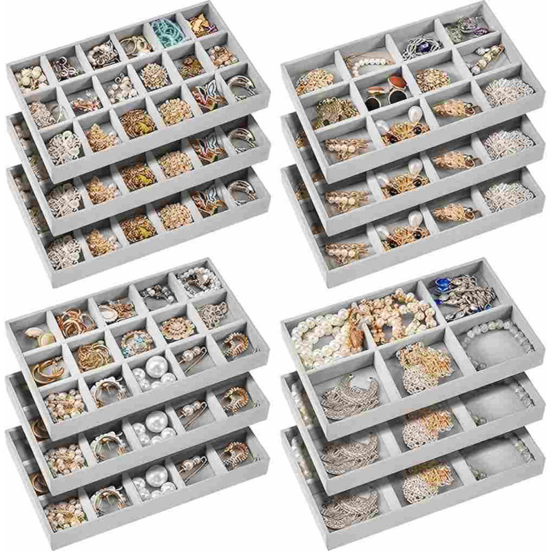 12 pièces de plateau à bijoux en velours empilable avec rangement pour bijoux et boucles d'oreilles divisées