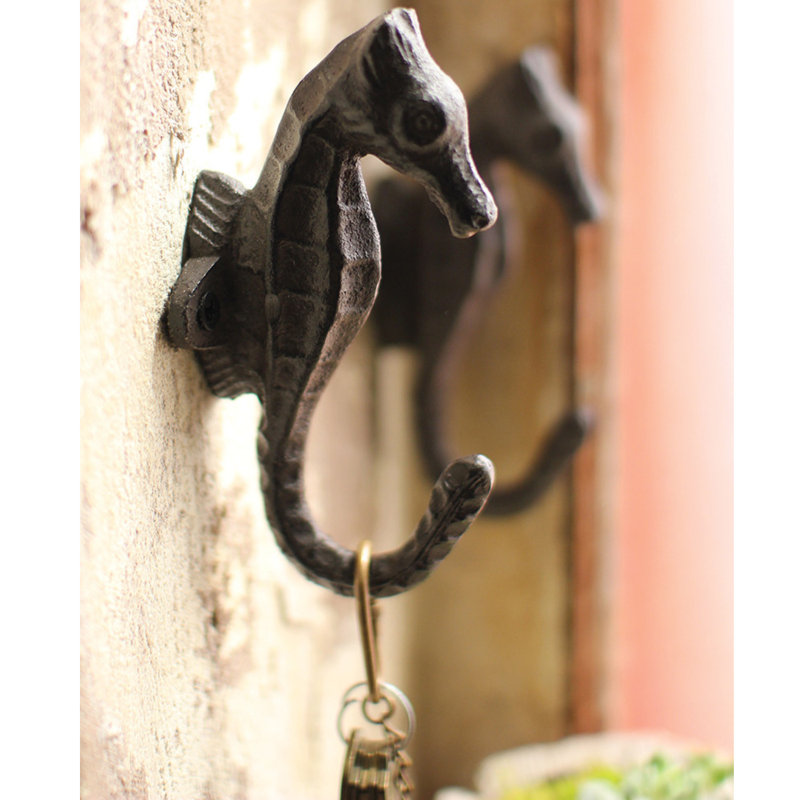 Kalalou Cast Iron Sea Horse Hook 5.1"H – Distressed Coastal Wall Hook, Set of 4