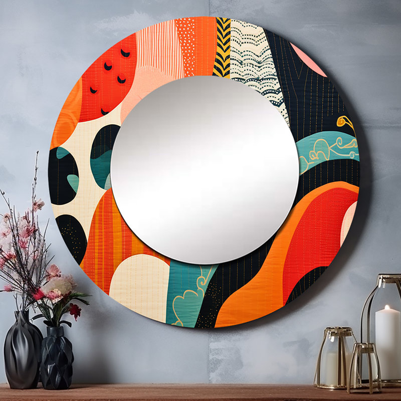Mid Century Vintage Textiles II - miroir décoratif moderne de style Mid-Century, grand miroir mural rond rouge, impression d'art en métal