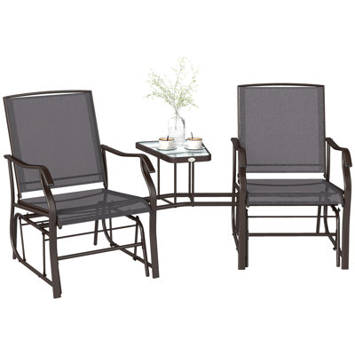 Outdoor Glider Chairs With Coffee Table, Patio 2-Seat Rocking Chair Swing Loveseat With Breathable Sling For Backyard, Garden, And Porch, Grey