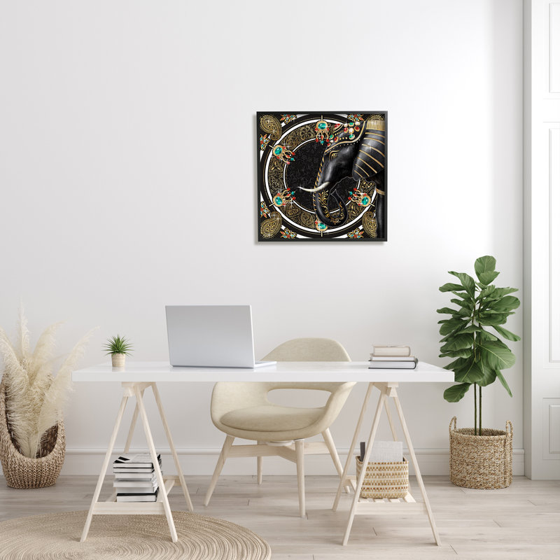Glam Elephant Regal, motif cachemire noir, estampe numérique encadrée, art texturé par Ziwei Li, H 24 po x l 24 po x P 1,5 po