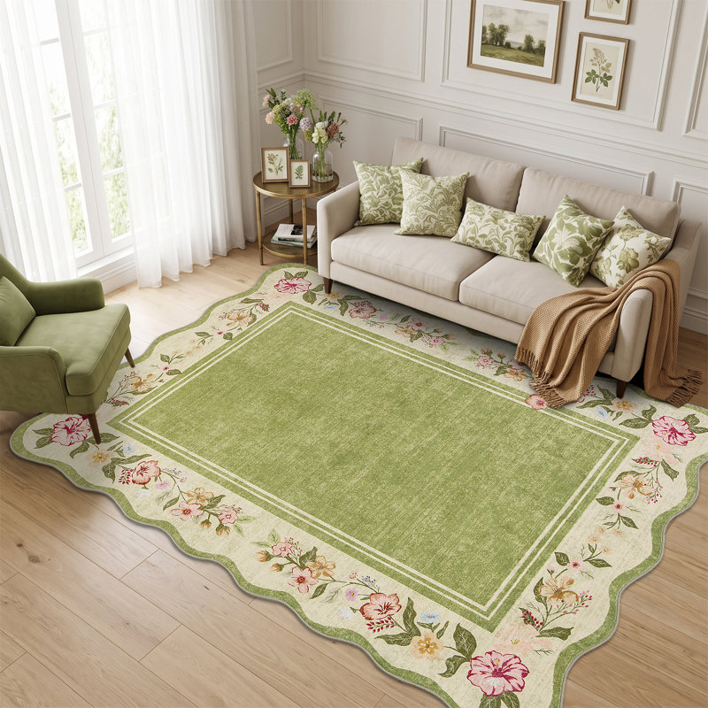  Floral Scalloped Area Rug , Vintage Green Rugs for Living Room, 60*100cm