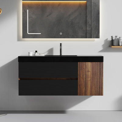 Meuble-lavabo mural 48 po en noyer et noir mat avec tiroirs à fermeture en douceur, lavabo à quartz intégré et poignée dissimulée - pré-assemblé