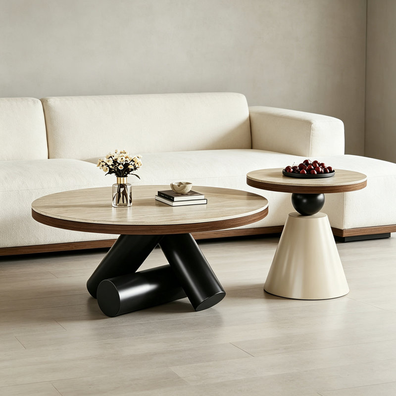 Table basse légère de luxe avec support en acier au carbone, 15.74" H x 31.49" W x 31.49" D, Light Khaki, Black/White