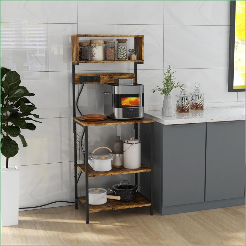Étagère de boulanger avec prises de courant USB | Rangement de cuisine industrielle brun rustique | Tablettes réglables, 5 crochets | Panneau de particules, structure en acier