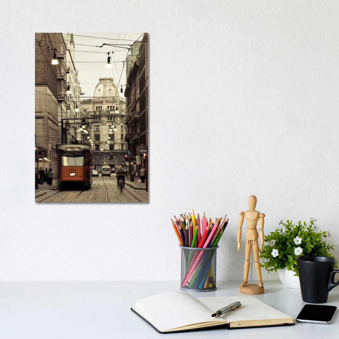 Tram On A Street, Piazza Del Duomo, Milan, Lombardy, Italy - Wrapped Canvas Print